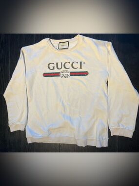 Gucci White Crewneck Sweater with Red and Green Stripe Logo